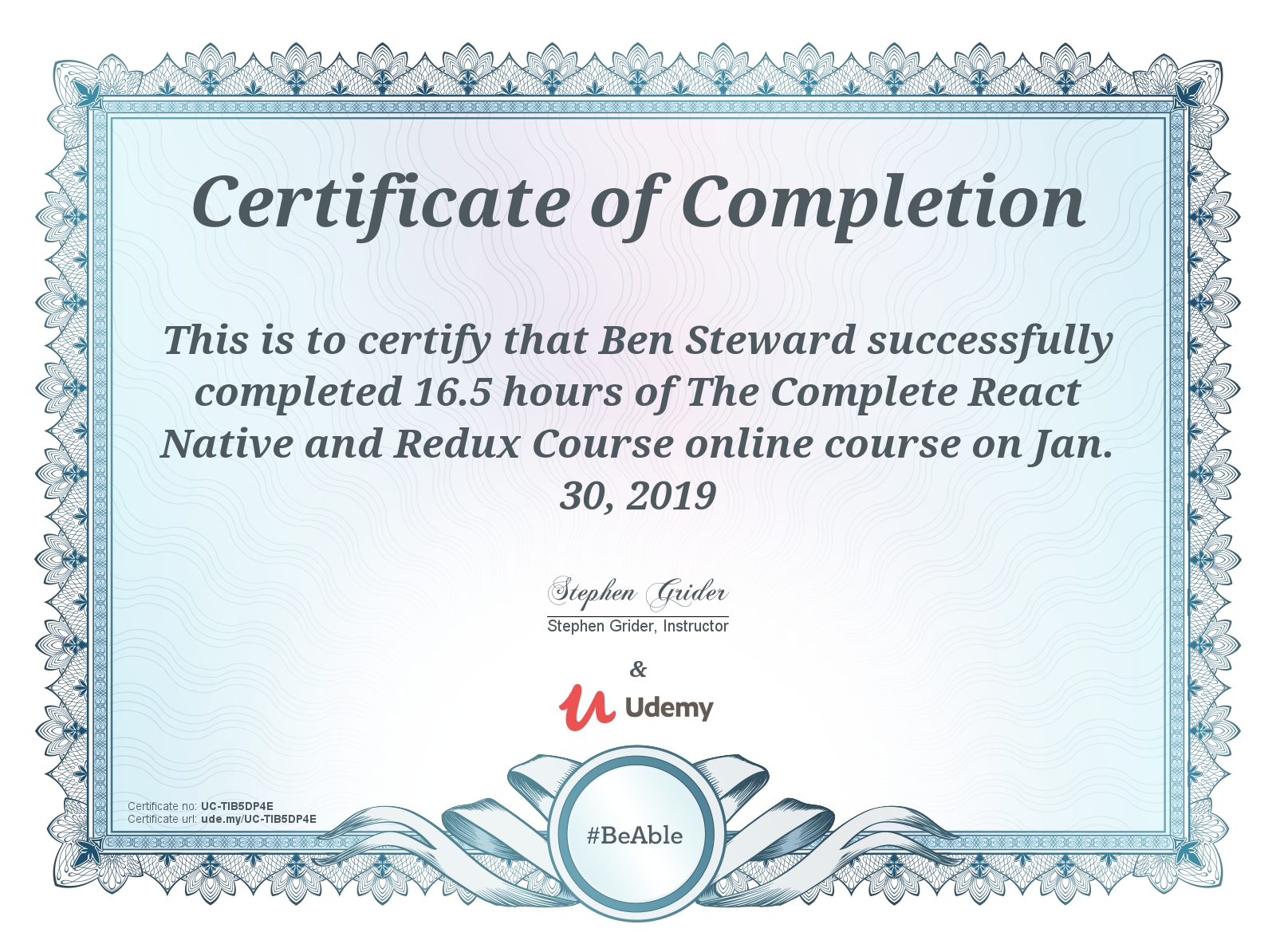 Udemy React Native Course Certificate